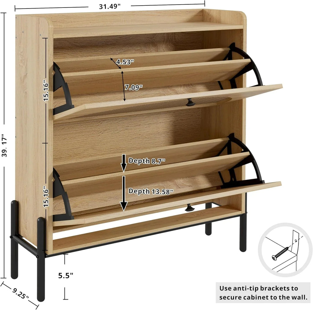 Meuble à chaussures IRONCK avec 2 tiroirs rabattables, meuble de rangement à chaussures indépendant en bois