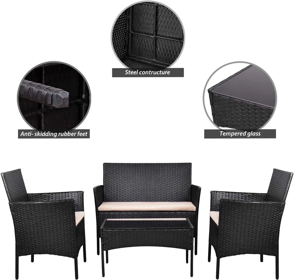 Ensemble de meubles de patio extérieur 4 pièces, ensemble de chaises en rotin et osier