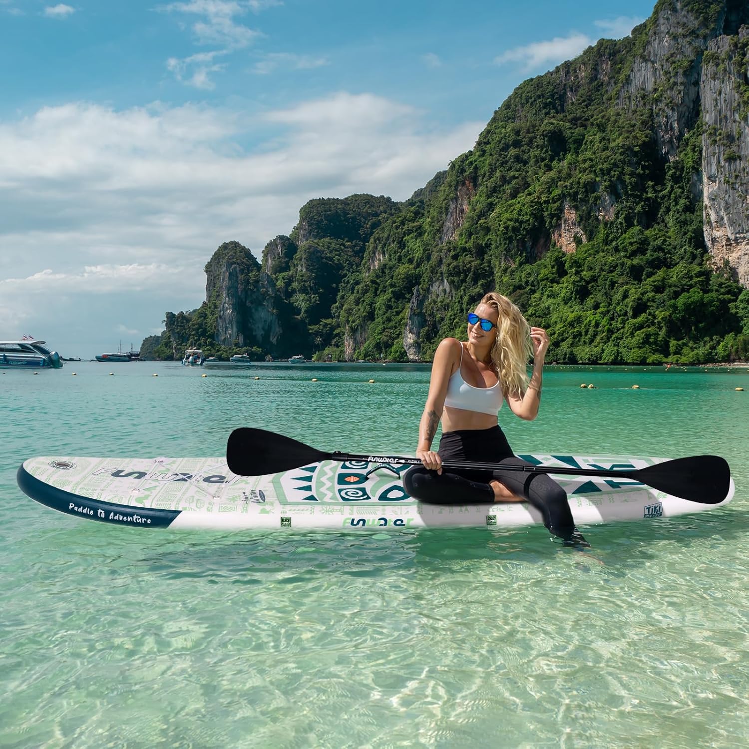 Planche de stand up paddle gonflable FunWater avec accessoires de pagaie SUP haut de gamme, pont EVA antidérapant, pagaie 11'/10'6'