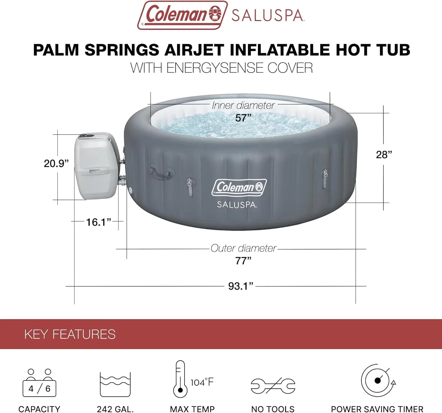 Spa gonflable d'extérieur Bestway Palm Springs EnergySense Smart AirJet Plus pour 4 à 6 personnes avec 140 AirJets et couverture isolante