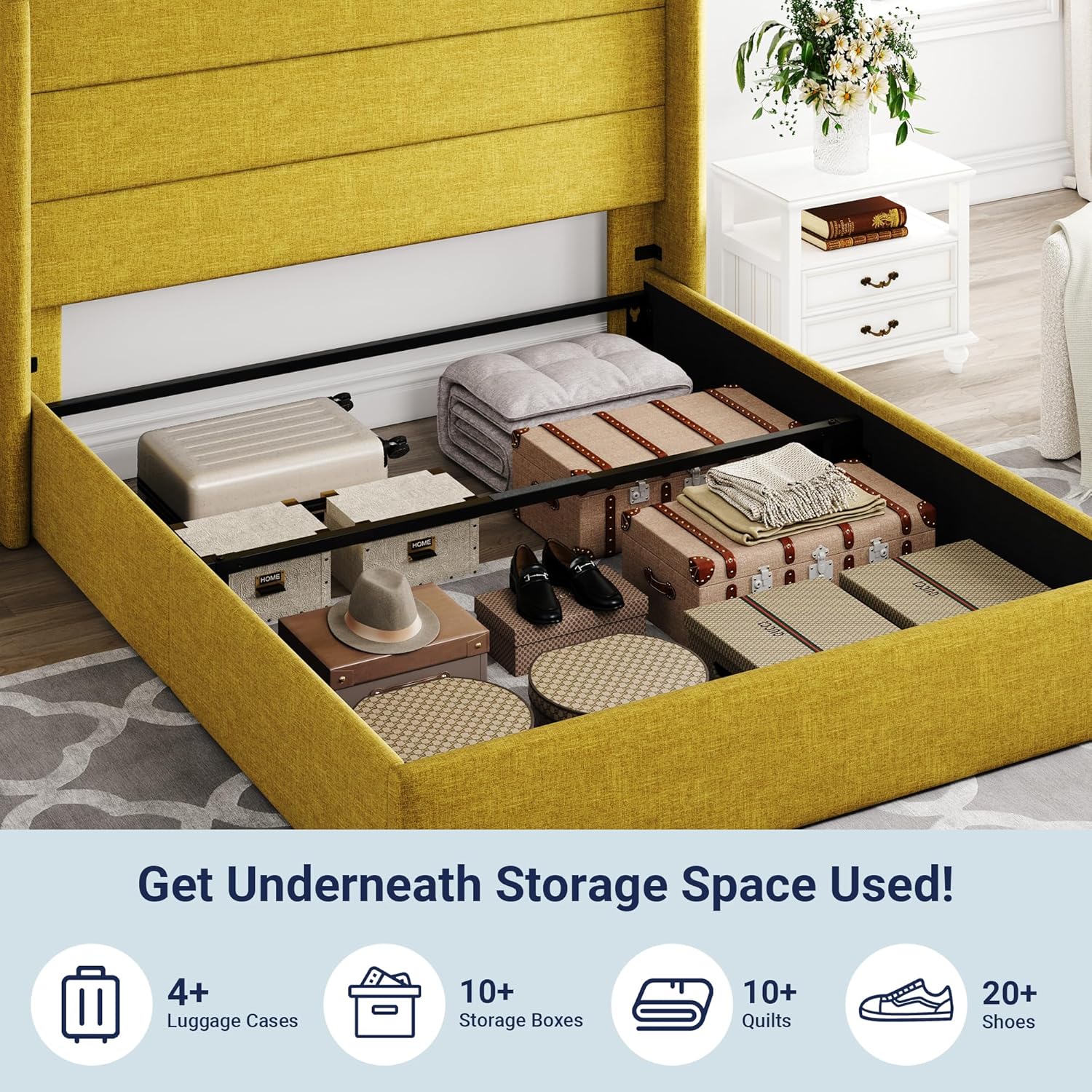 Lit queen-size relevable avec rangement Allewie, tête de lit à oreilles moderne et support hydraulique