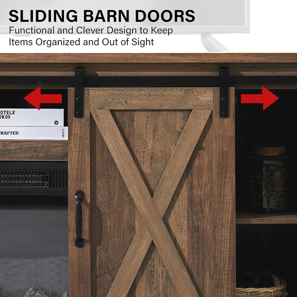 Meuble TV avec cheminée AMERLIFE et portes coulissantes style grange, compatible avec les téléviseurs jusqu'à 73 pouces, centre de divertissement avec cheminée de style ferme