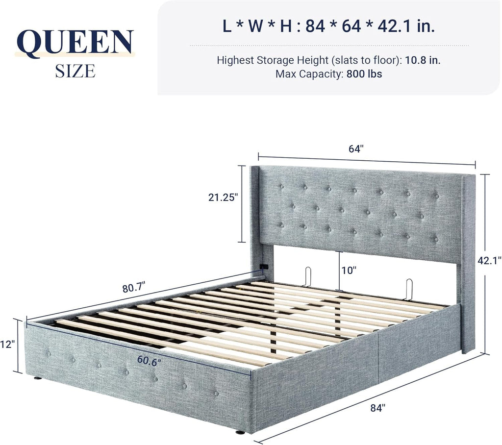 Lit queen-size relevable avec rangement Allewie, tête de lit à oreilles moderne et support hydraulique
