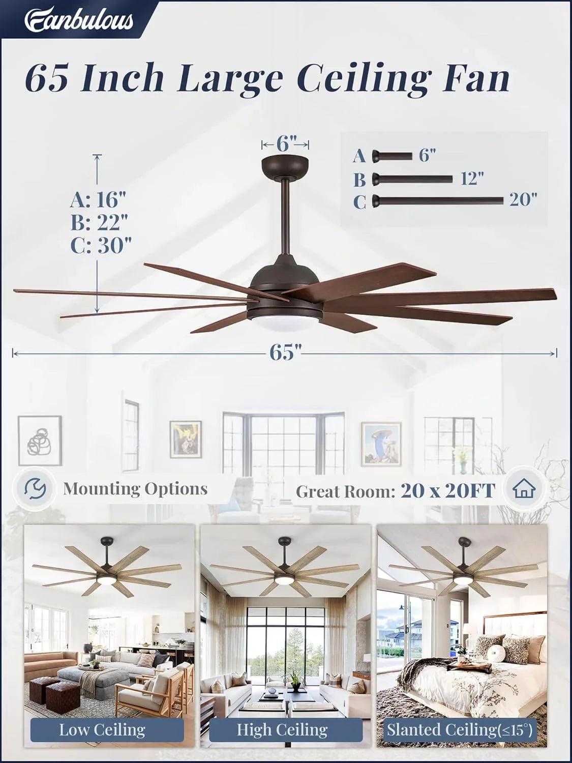 Ventilateur de plafond intérieur/extérieur 8 pales 65 pouces