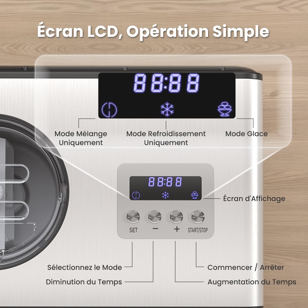 Sorbetiere Turbine a Glace avec Compresseur 2L, Sorbetière Electrique pas de Pré-congélation, Automatique Machine à Glace, LCD Préparation, Livre de recettes, pour Faire Sorbets/Crème Glacée/Gelato