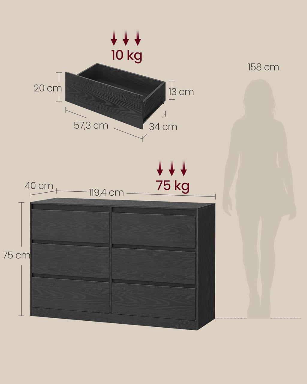 VASAGLE Kailyn Collectie - Slaapkamerkast met 6 lades, opbergkast, kleding, 40 x 119,5 x 75 cm, moderne stijl, sneeuwwit LTS616W01 