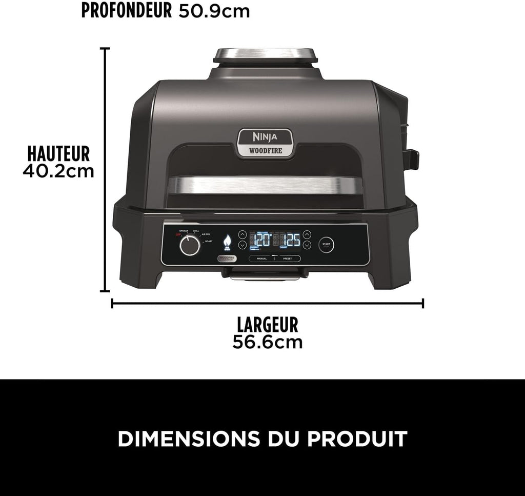 Ninja Woodfire elektrische grill, grill, rookoven en airfryer, 7-in-1 buitenbarbecue, grillen, airfryer, roken, braden, oven, weerbestendig, antiaanbaklaag, draagbaar, grijs/zwart OG701EU 