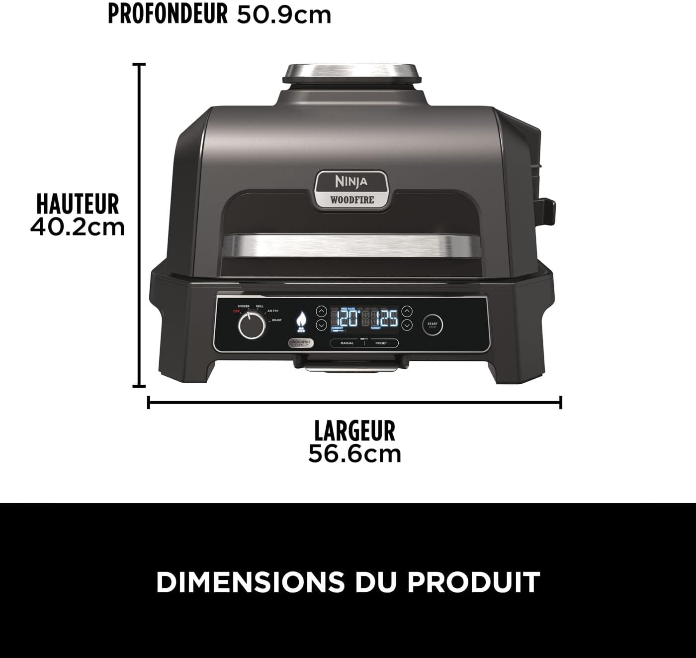 Ninja Woodfire elektrische grill, grill, rookoven en airfryer, 7-in-1 buitenbarbecue, grillen, airfryer, roken, braden, oven, weerbestendig, antiaanbaklaag, draagbaar, grijs/zwart OG701EU 