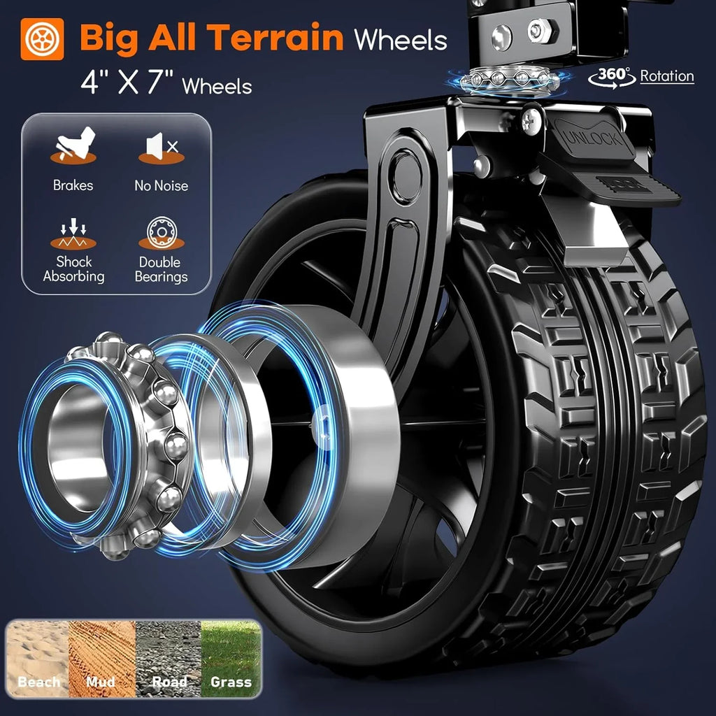 Poussette pliable à quatre roues de 96 cm de long, pliable, capacité de 200 kg, poussette de plage pliable robuste de 220 litres avec de grands pneus tout-terrain