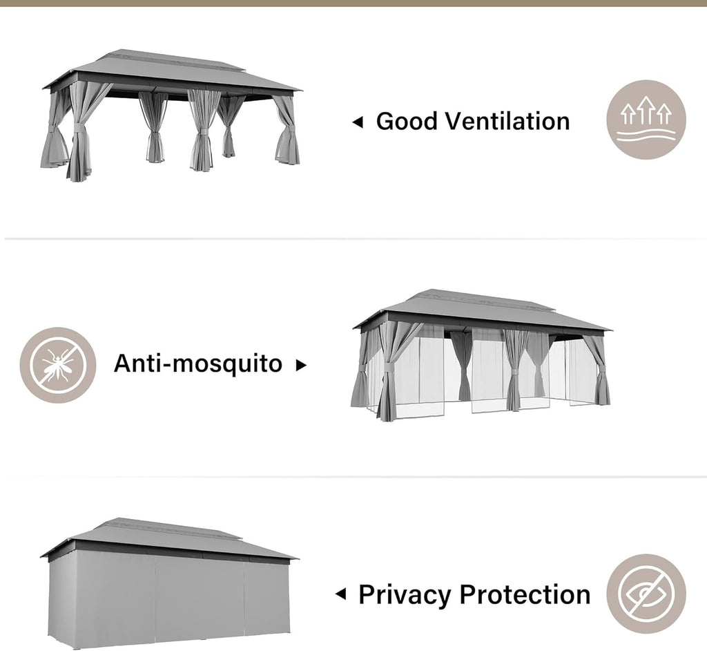 Tente pavillon d'extérieur améliorée à double toit, auvent imperméable UV50+ avec filet et crochets
