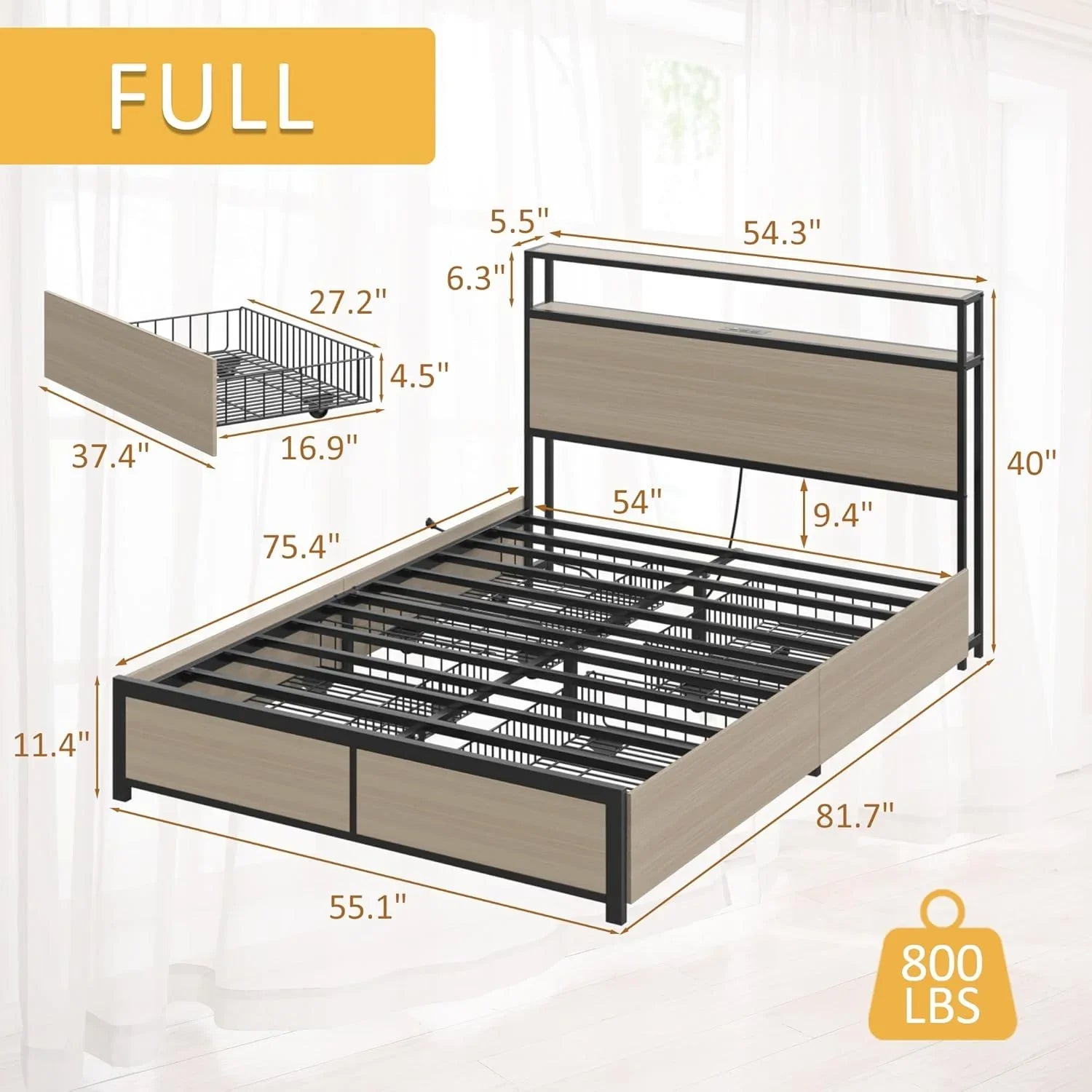 Cadre de lit Queen Lifezone avec tête de lit double et plateau de rangement en métal