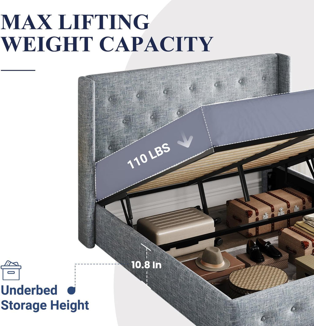 Lit queen-size relevable avec rangement Allewie, tête de lit à oreilles moderne et support hydraulique