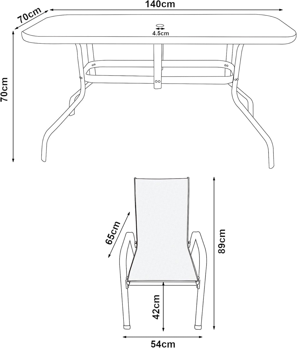 Ensemble de meubles de jardin 7 pièces casa.pro avec table à manger et 6 chaises Ensemble de meubles pour terrasse extérieure Patio Balcon Acier Verre trempé Textilène PVC Polyester