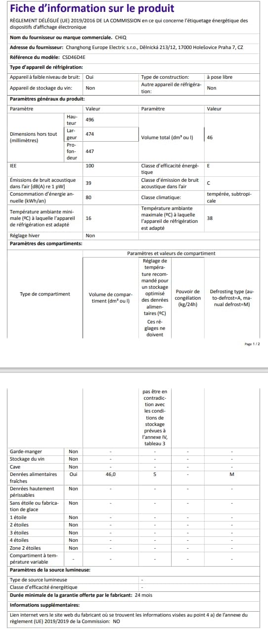 Mini réfrigérateur de table 46L 47 x 44,7 cm Avec porte-bouteilles Thermostat réglable
