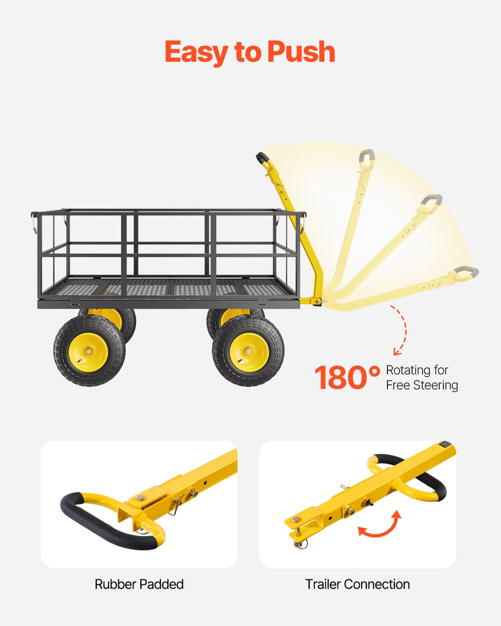 VEVOR Tuintransportwagen, draagvermogen 900 lb (ca. 408 kg), robuuste metalen transportwagen voor buiten met 254 mm banden, verstelbare en afneembare gaaswanden, 180° draaibare handgreep, geelzwart 