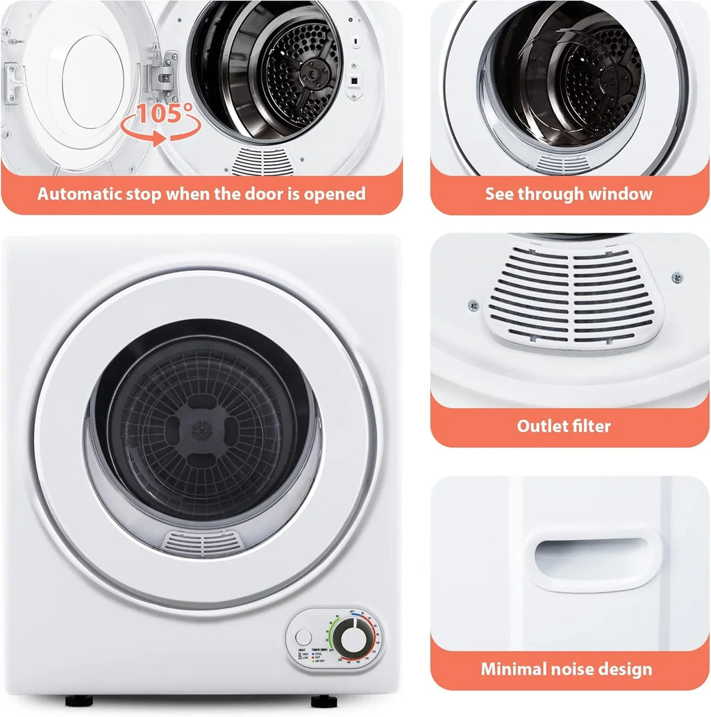 Sèche-linge compact, 3,5 pieds cubes, chargement frontal, acier inoxydable, avec tuyau d'évacuation, 1500 watts, panneau de commande LCD, sèche-linge portable à quatre fonctions