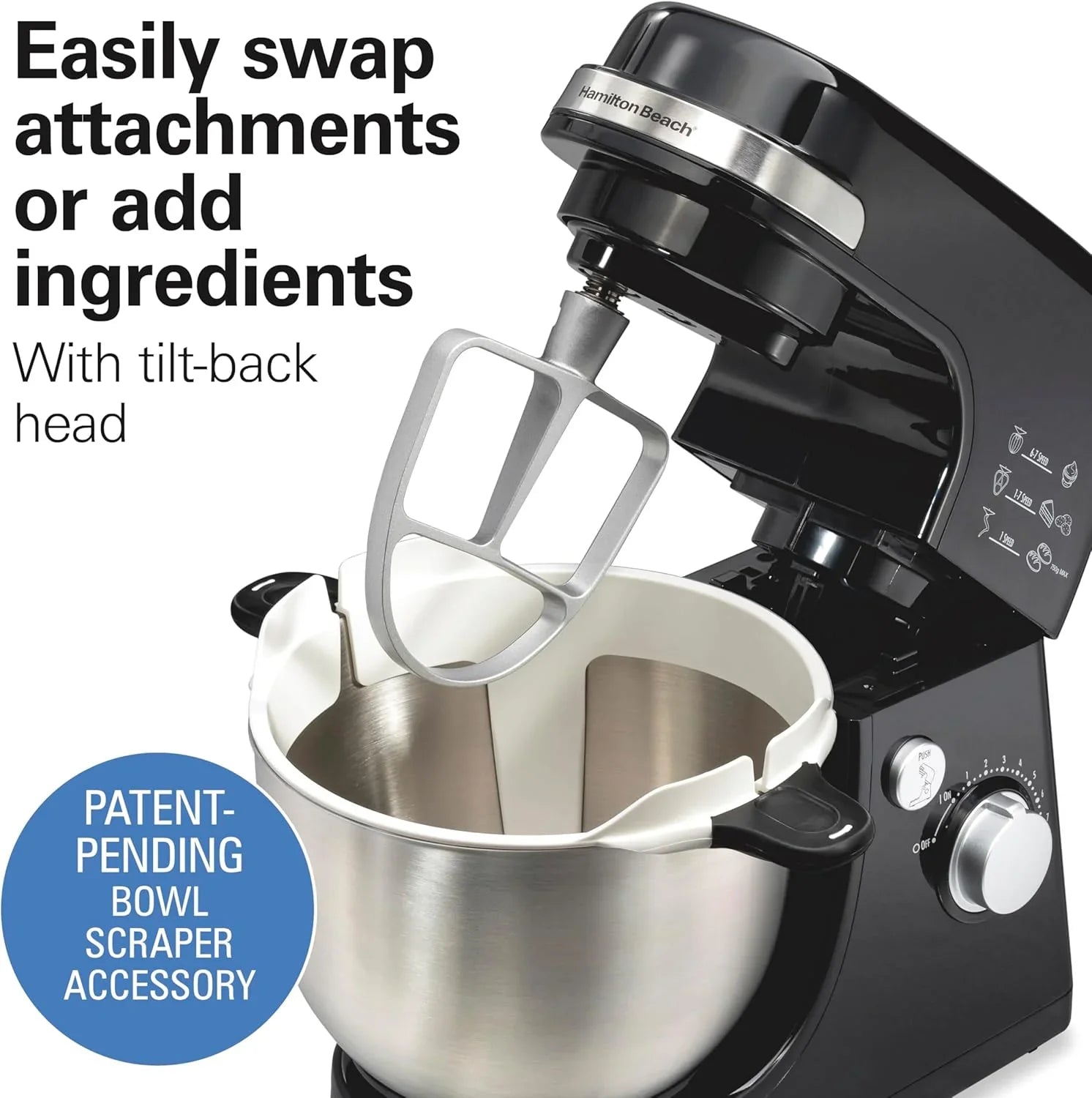 Batteur sur socle électrique Hamilton Beach, 4 litres, crochet pétrisseur, batteur plat, protection anti-éclaboussures, 7 vitesses avec fouet