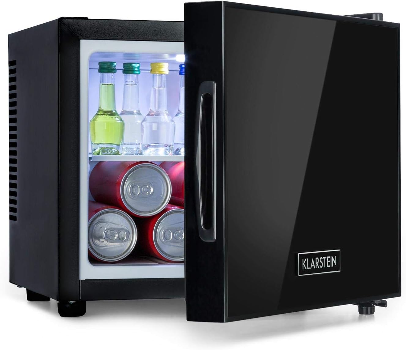 KLARSTEIN Frosty - Mini-réfrigérateur, Capacité de 10 litres, Compact, Eclairage intérieur LED blanc, 12 et 18 °C, Clayette en verre, Elégante porte, Nettoyage facile, Noir