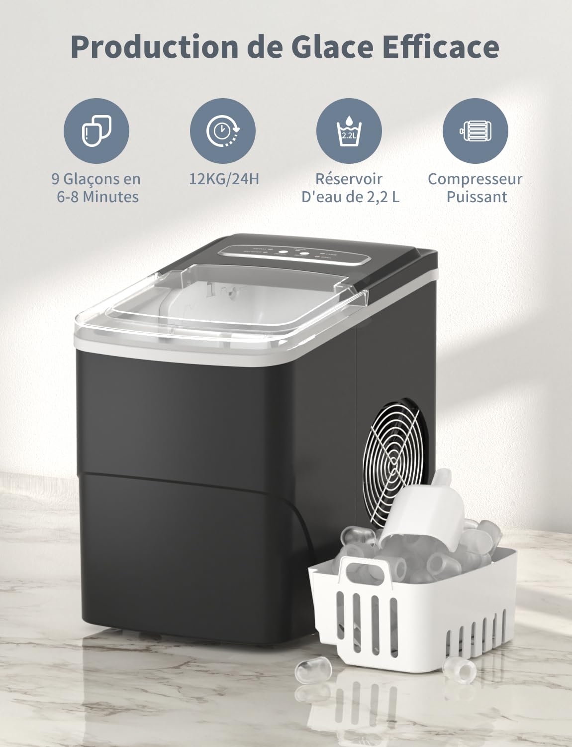 Machine à glaçons Produit 12 kg de glace en 24 heures Produit 9 glaçons en 6 à 8 minutes Livré avec une pelle à glace réversible et une poignée de transport