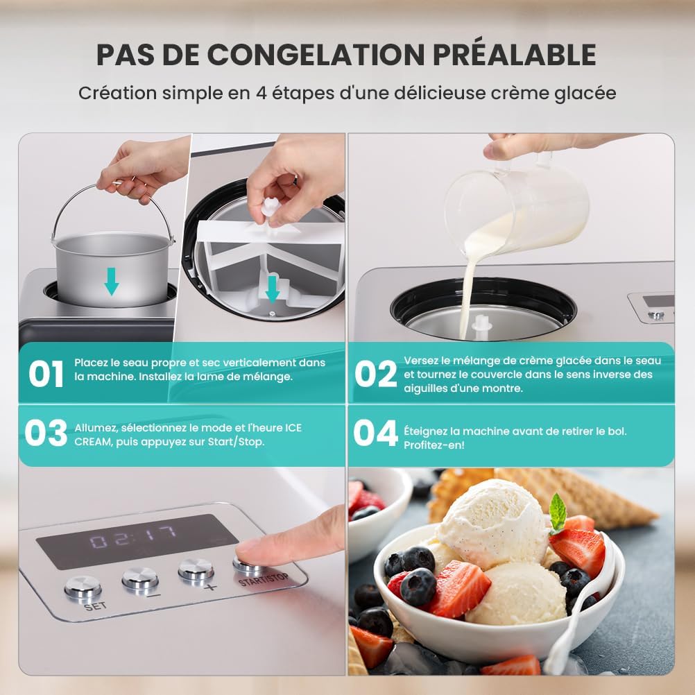 Sorbetiere Turbine a Glace avec Compresseur 2L, Sorbetière Electrique pas de Pré-congélation, Automatique Machine à Glace, LCD Préparation, Livre de recettes, pour Faire Sorbets/Crème Glacée/Gelato