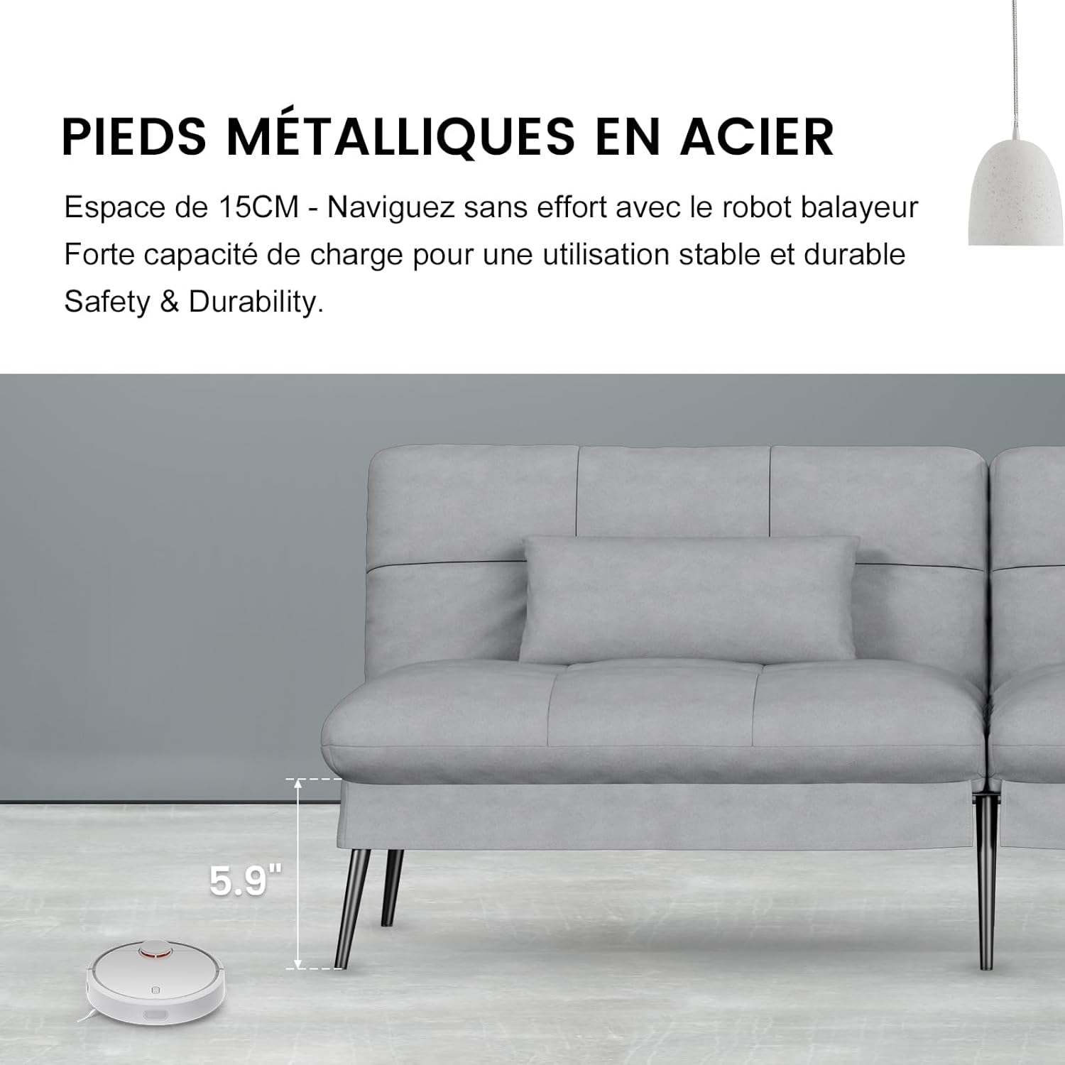 COMHOMA Slaapbank met slaapfunctie - Omvormbare futonhoes - Hoekbank - 3-zits gastenbank - met verstelbare stoffen rugleuning - Grijs 