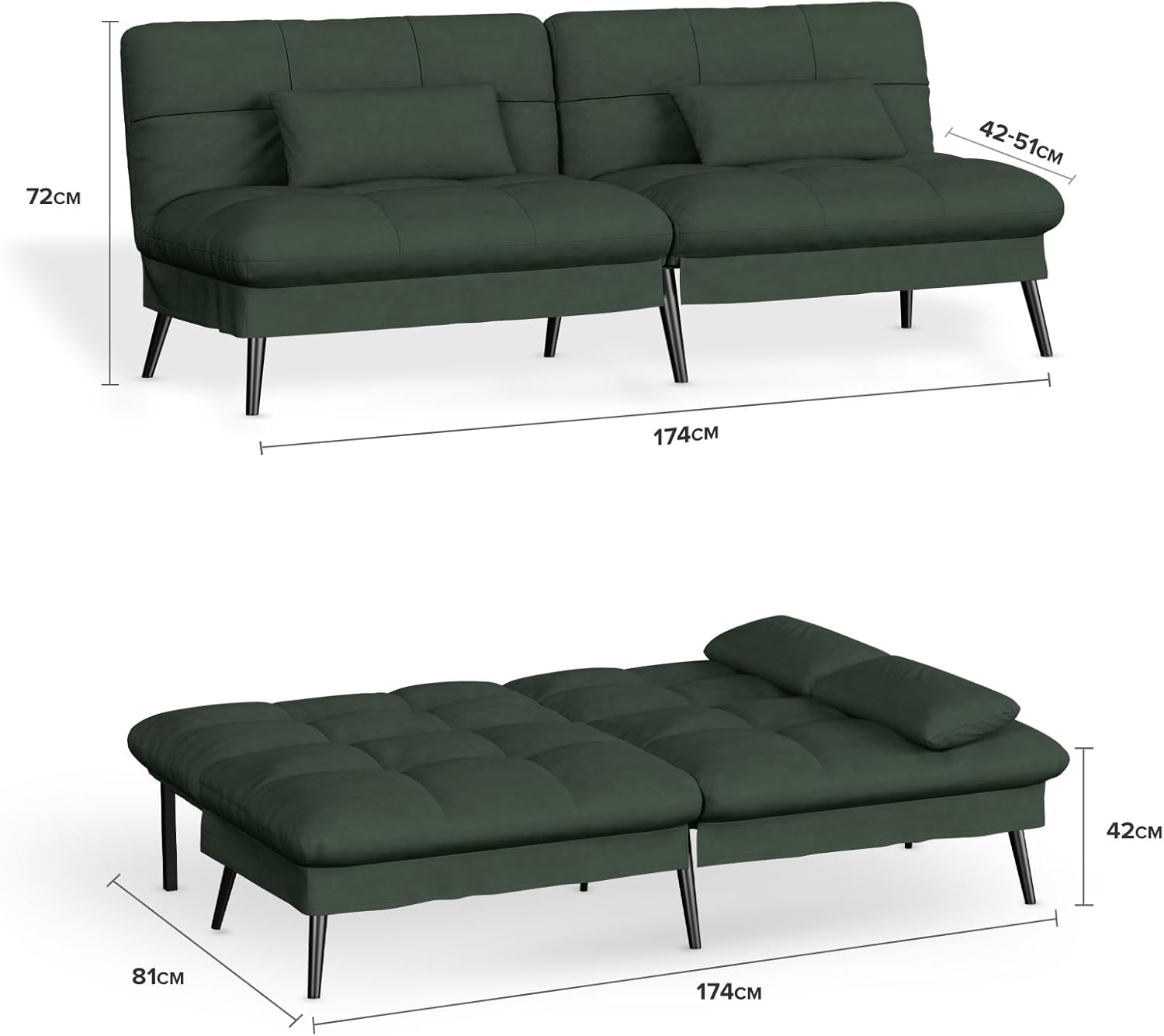 COMHOMA Slaapbank met slaapfunctie - Omvormbare futonhoes - Hoekbank - 3-zits gastenbank - met verstelbare stoffen rugleuning - Grijs 