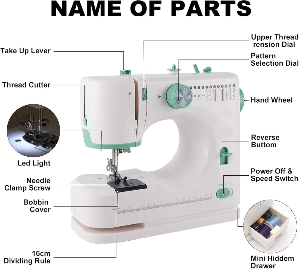 Machine à coudre portable améliorée pour débutants avec 16 motifs de points