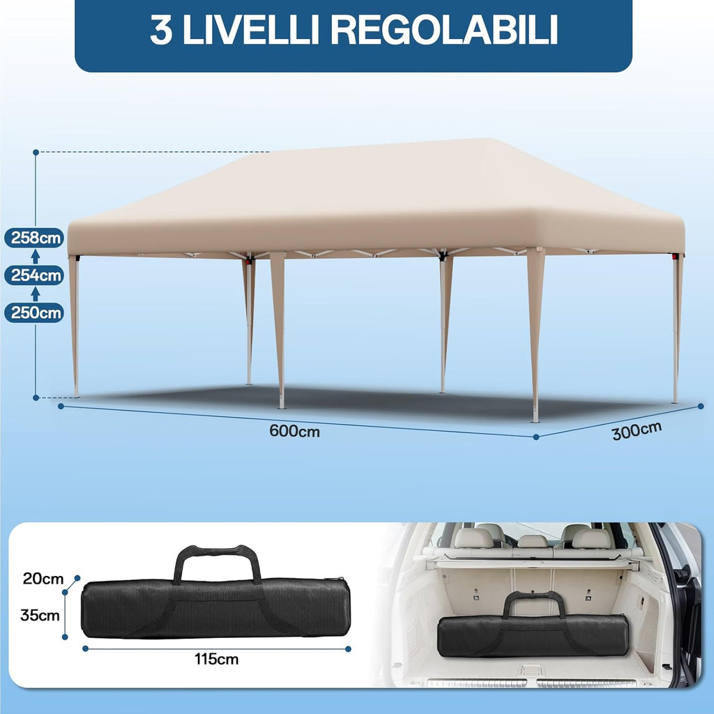 Gazebo pliant étanche JUMMICO, gazebo de jardin extérieur, gazebo pliant à hauteur réglable,