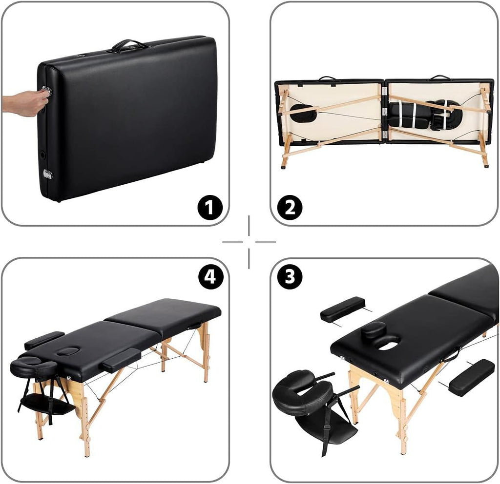 Yaheetech opklapbare massagetafel 70 cm, professioneel massagebed in 2 delen, massief houten tafelbank, cosmetische therapie, zwart 