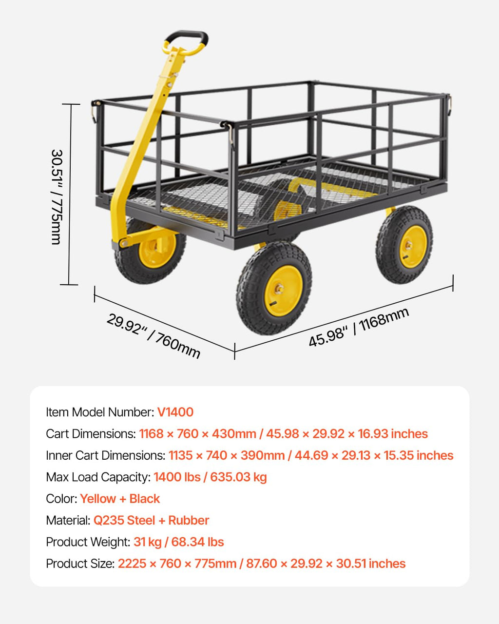 VEVOR Tuintransportwagen, draagvermogen 900 lb (ca. 408 kg), robuuste metalen transportwagen voor buiten met 254 mm banden, verstelbare en afneembare gaaswanden, 180° draaibare handgreep, geelzwart 