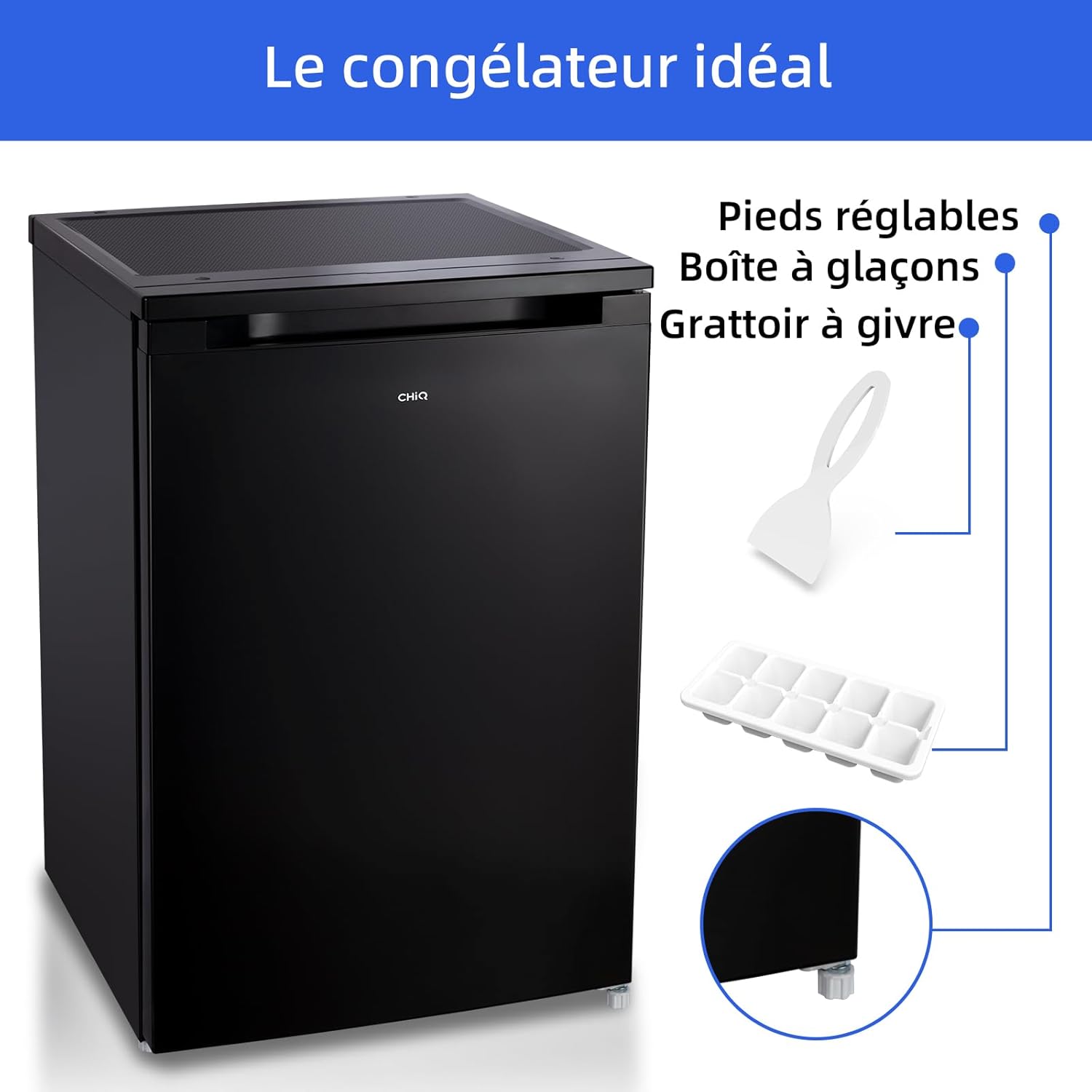 CHiQ Congélateur d'une capacité de 145 L, Congélation rapide, Thermostat réglable Silencieux Porte réversible, Noir, Classe énergétique E