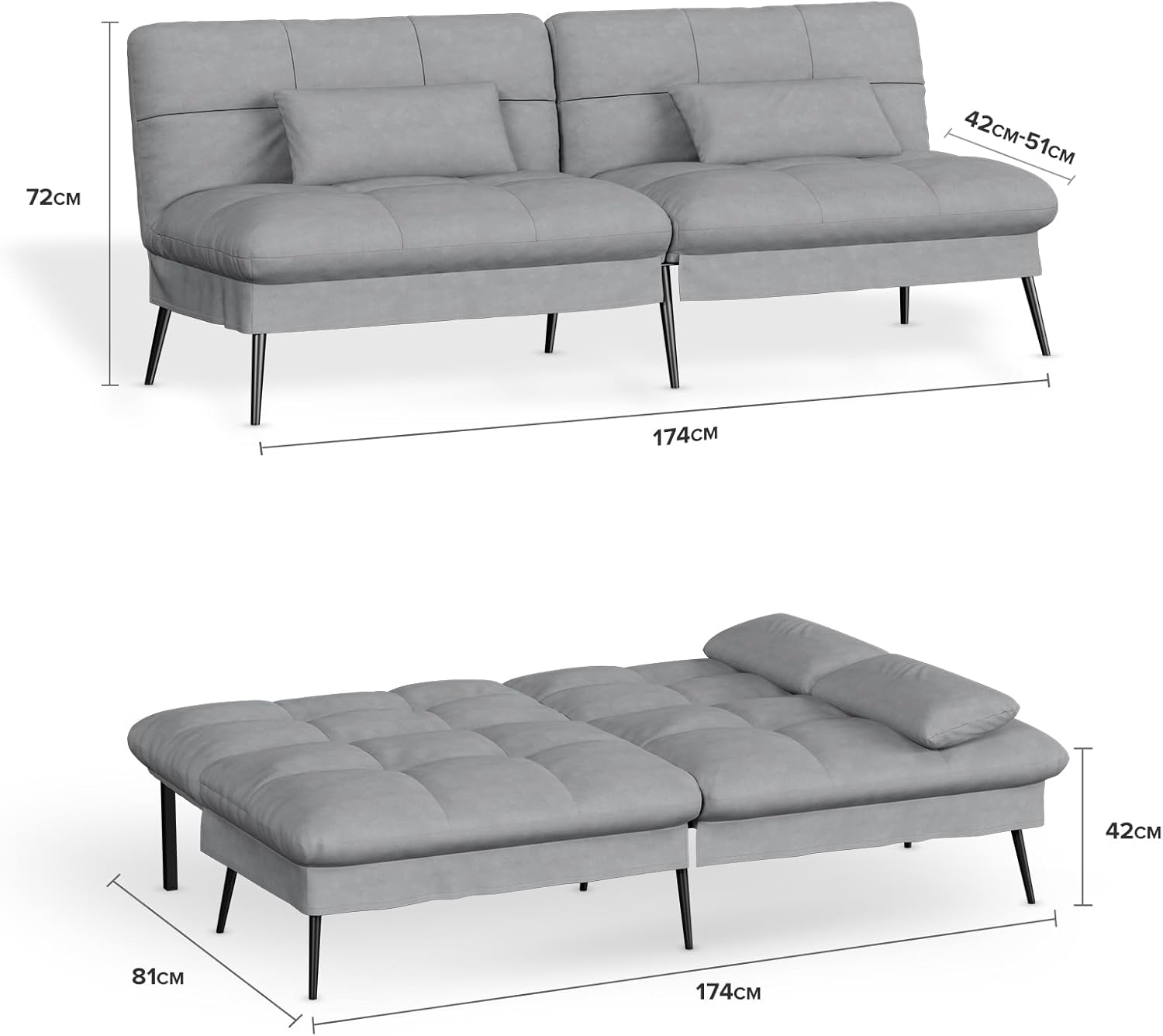COMHOMA Slaapbank met slaapfunctie - Omvormbare futonhoes - Hoekbank - 3-zits gastenbank - met verstelbare stoffen rugleuning - Grijs 