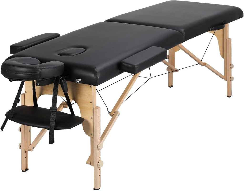 Yaheetech opklapbare massagetafel 70 cm, professioneel massagebed in 2 delen, massief houten tafelbank, cosmetische therapie, zwart 