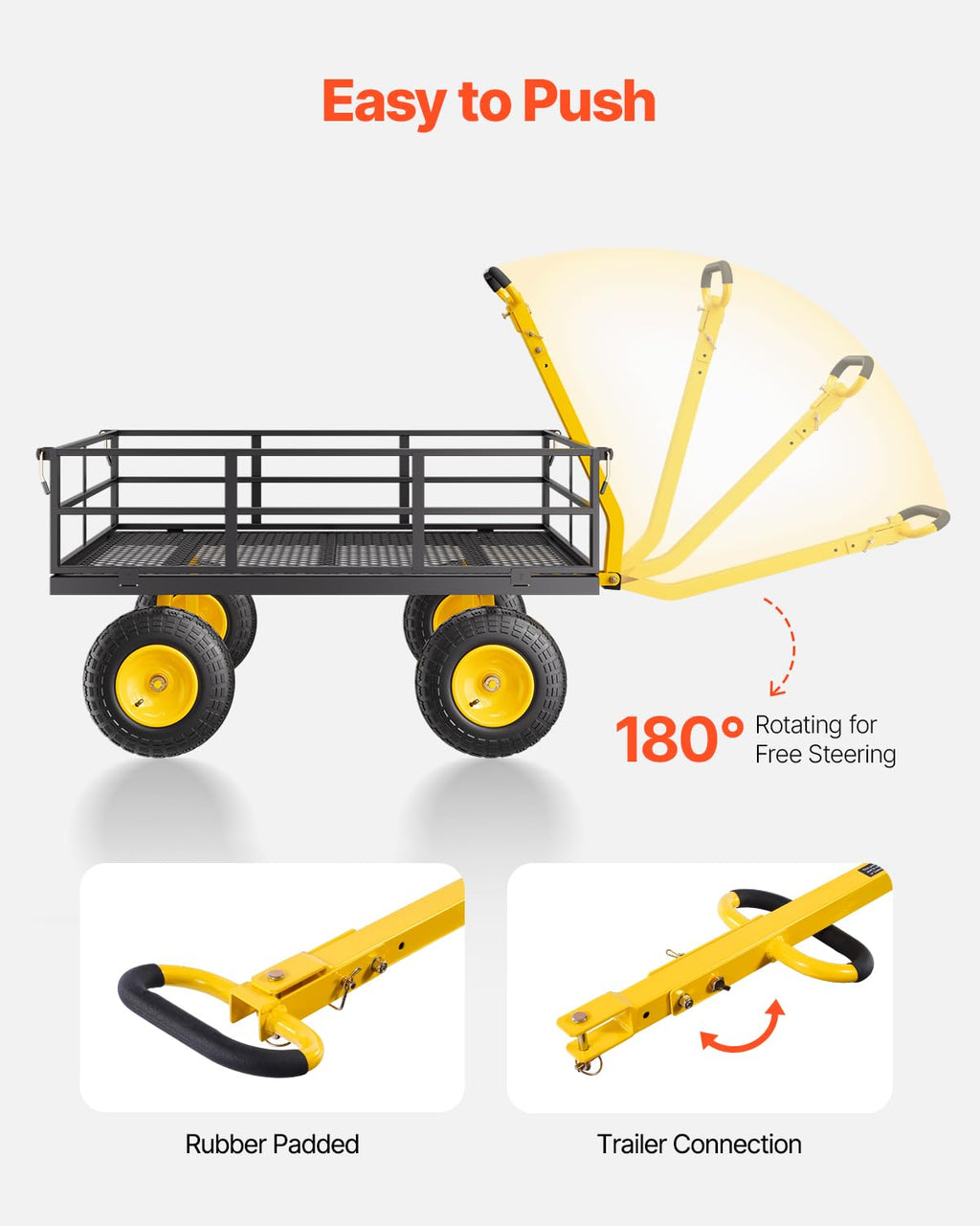 VEVOR Tuintransportwagen, draagvermogen 900 lb (ca. 408 kg), robuuste metalen transportwagen voor buiten met 254 mm banden, verstelbare en afneembare gaaswanden, 180° draaibare handgreep, geelzwart 
