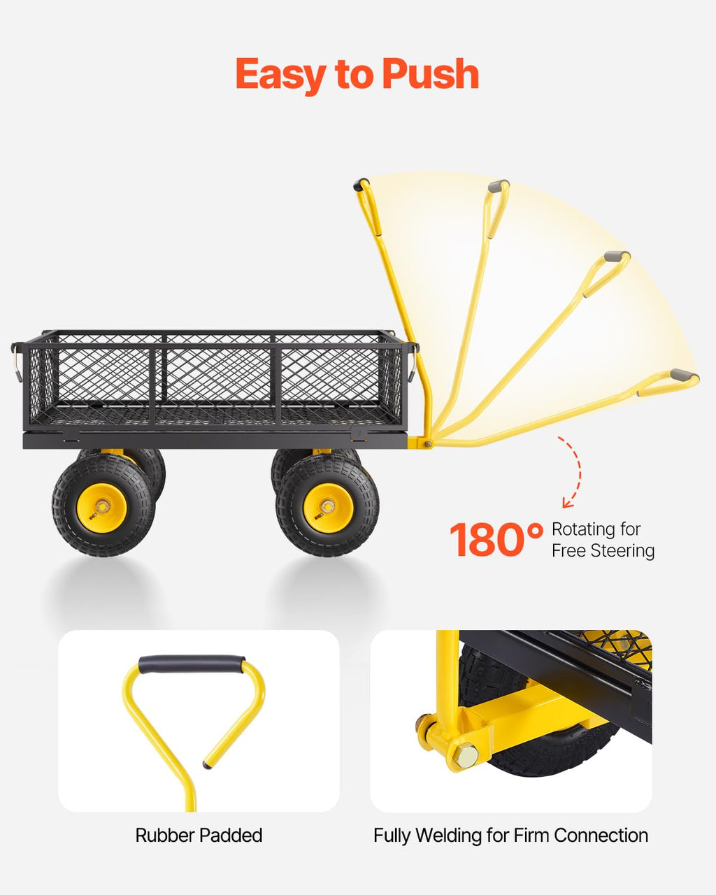 VEVOR Tuintransportwagen, draagvermogen 900 lb (ca. 408 kg), robuuste metalen transportwagen voor buiten met 254 mm banden, verstelbare en afneembare gaaswanden, 180° draaibare handgreep, geelzwart 