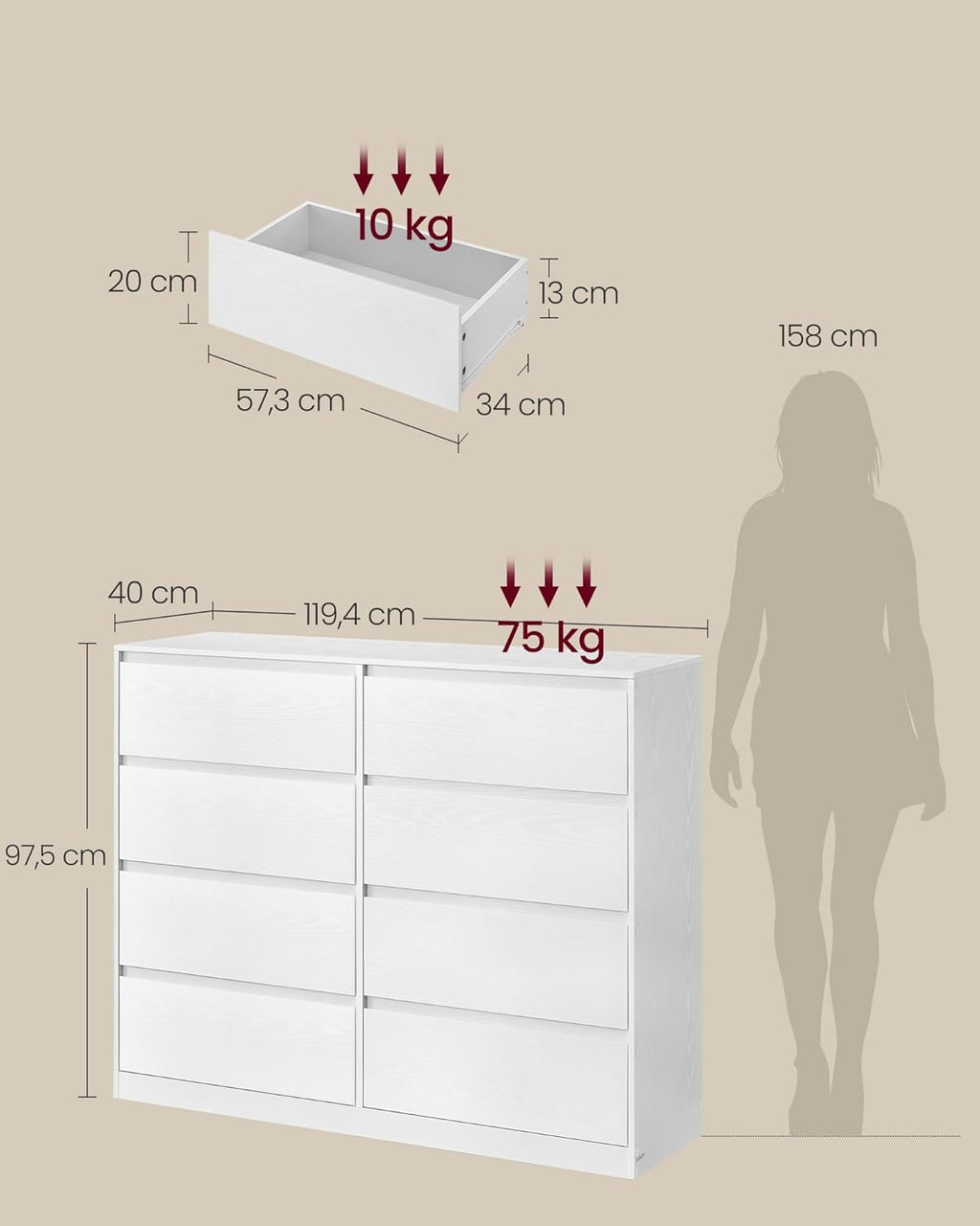 VASAGLE Kailyn Collectie - Slaapkamerkast met 6 lades, opbergkast, kleding, 40 x 119,5 x 75 cm, moderne stijl, sneeuwwit LTS616W01 