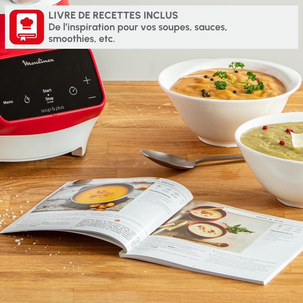 Moulinex blender, soepmaker, 1100 W, 2 liter kom, roestvrijstalen messen, 3 automatische programma's, handmatige modus, perfect mixen, soepen, smoothies, gemaakt in Frankrijk, Soup&amp;Plus LM924500 