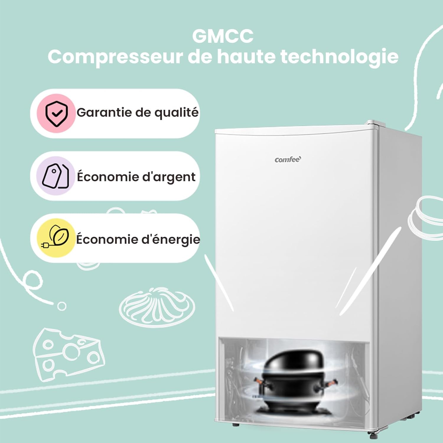 Comfee' RCD50WH2(E) Mini Réfrigérateur/Glacière 43L avec Compartiment Congélateur/Petit Réfrigérateur pour Chambre et Bureau/Refroidissement Rapide dans le Refroidisseur/Contrôle de Température/Blanc