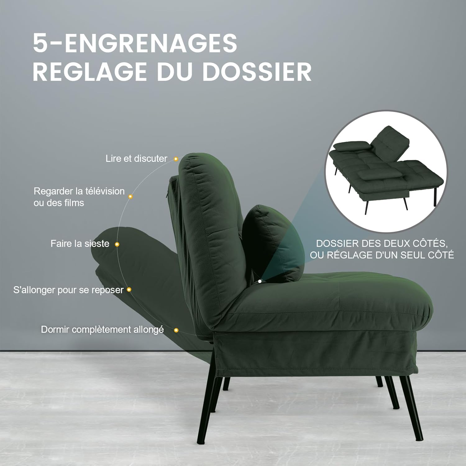 COMHOMA Slaapbank met slaapfunctie - Omvormbare futonhoes - Hoekbank - 3-zits gastenbank - met verstelbare stoffen rugleuning - Grijs 