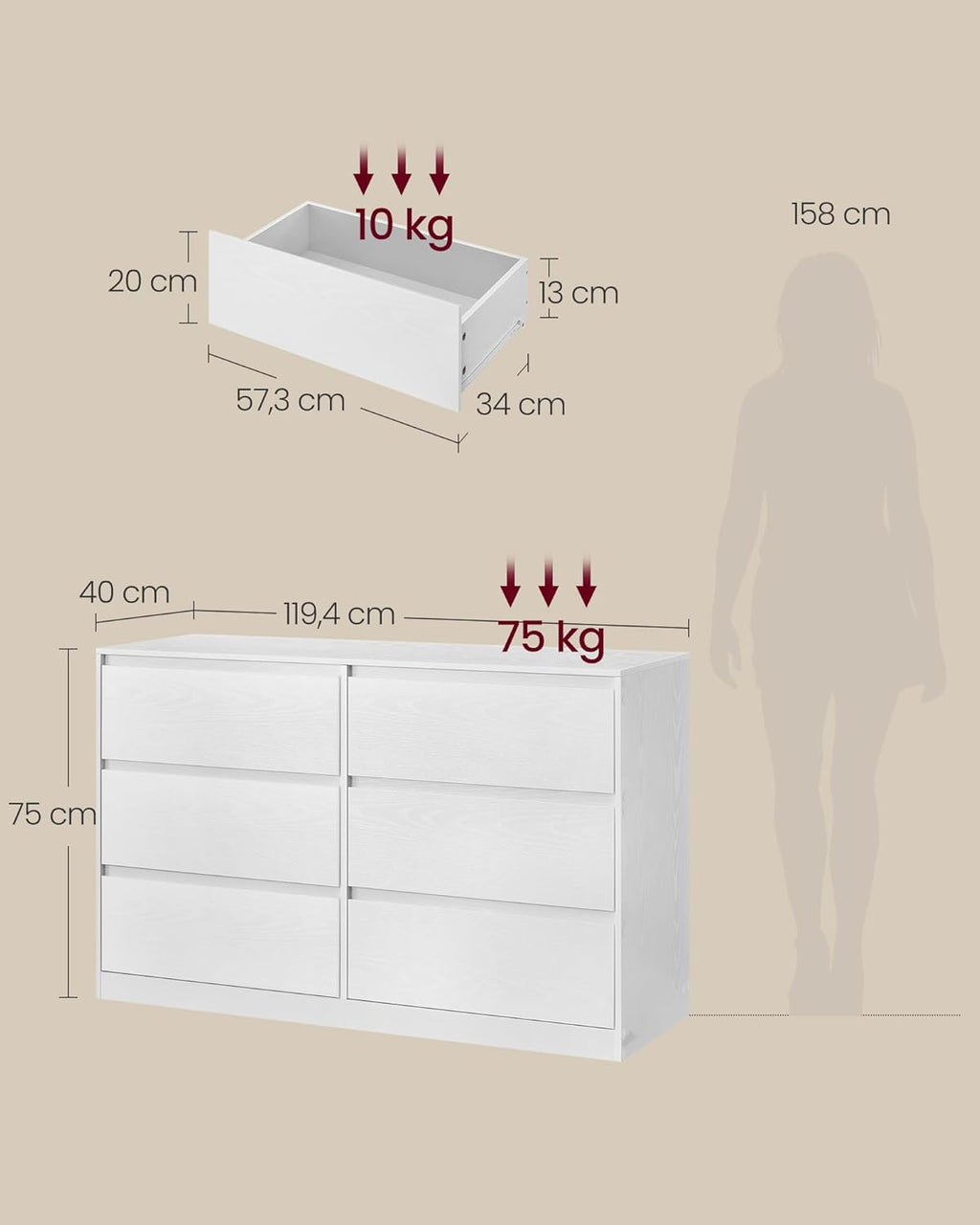 VASAGLE Kailyn Collectie - Slaapkamerkast met 6 lades, opbergkast, kleding, 40 x 119,5 x 75 cm, moderne stijl, sneeuwwit LTS616W01 