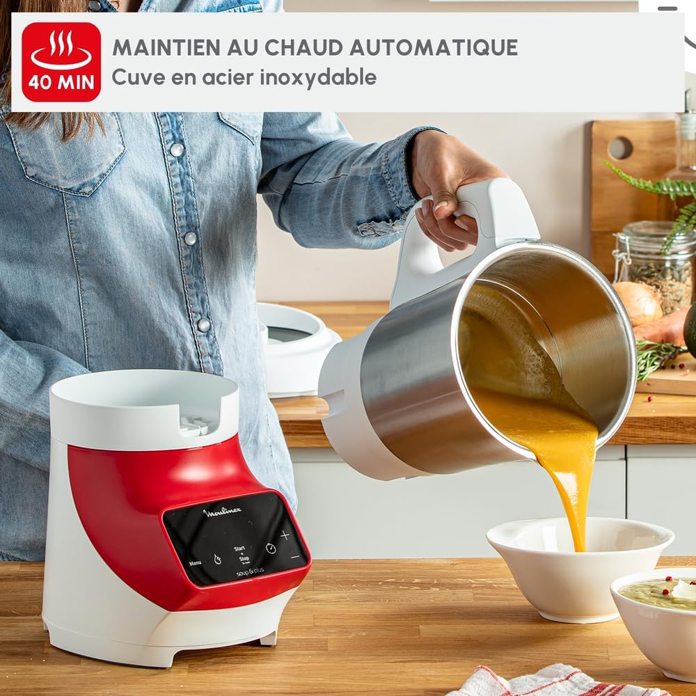 Moulinex blender, soepmaker, 1100 W, 2 liter kom, roestvrijstalen messen, 3 automatische programma's, handmatige modus, perfect mixen, soepen, smoothies, gemaakt in Frankrijk, Soup&amp;Plus LM924500 