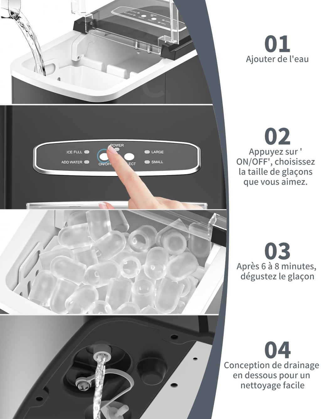 Machine à glaçons Produit 12 kg de glace en 24 heures Produit 9 glaçons en 6 à 8 minutes Livré avec une pelle à glace réversible et une poignée de transport
