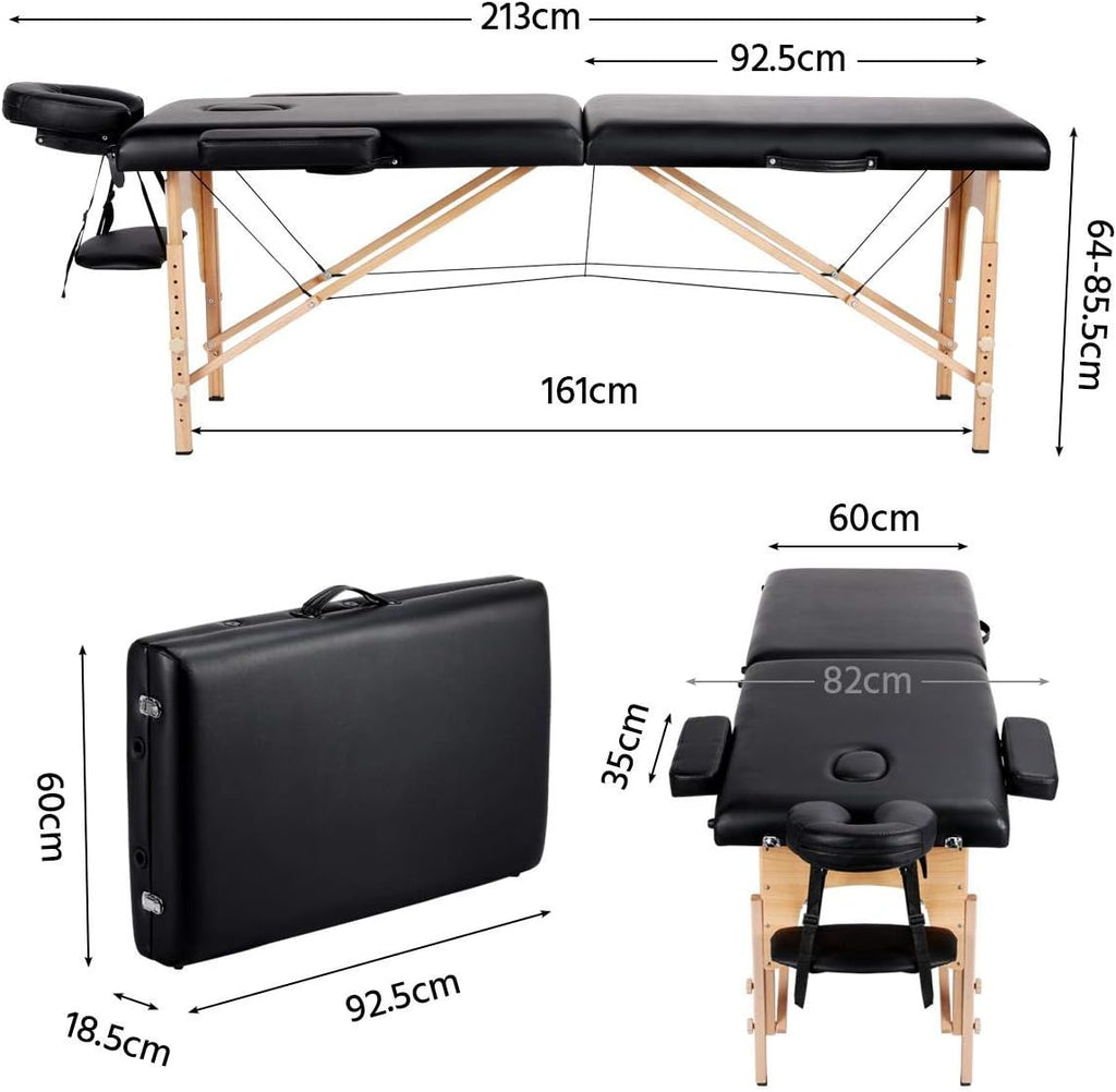 Yaheetech opklapbare massagetafel 70 cm, professioneel massagebed in 2 delen, massief houten tafelbank, cosmetische therapie, zwart 