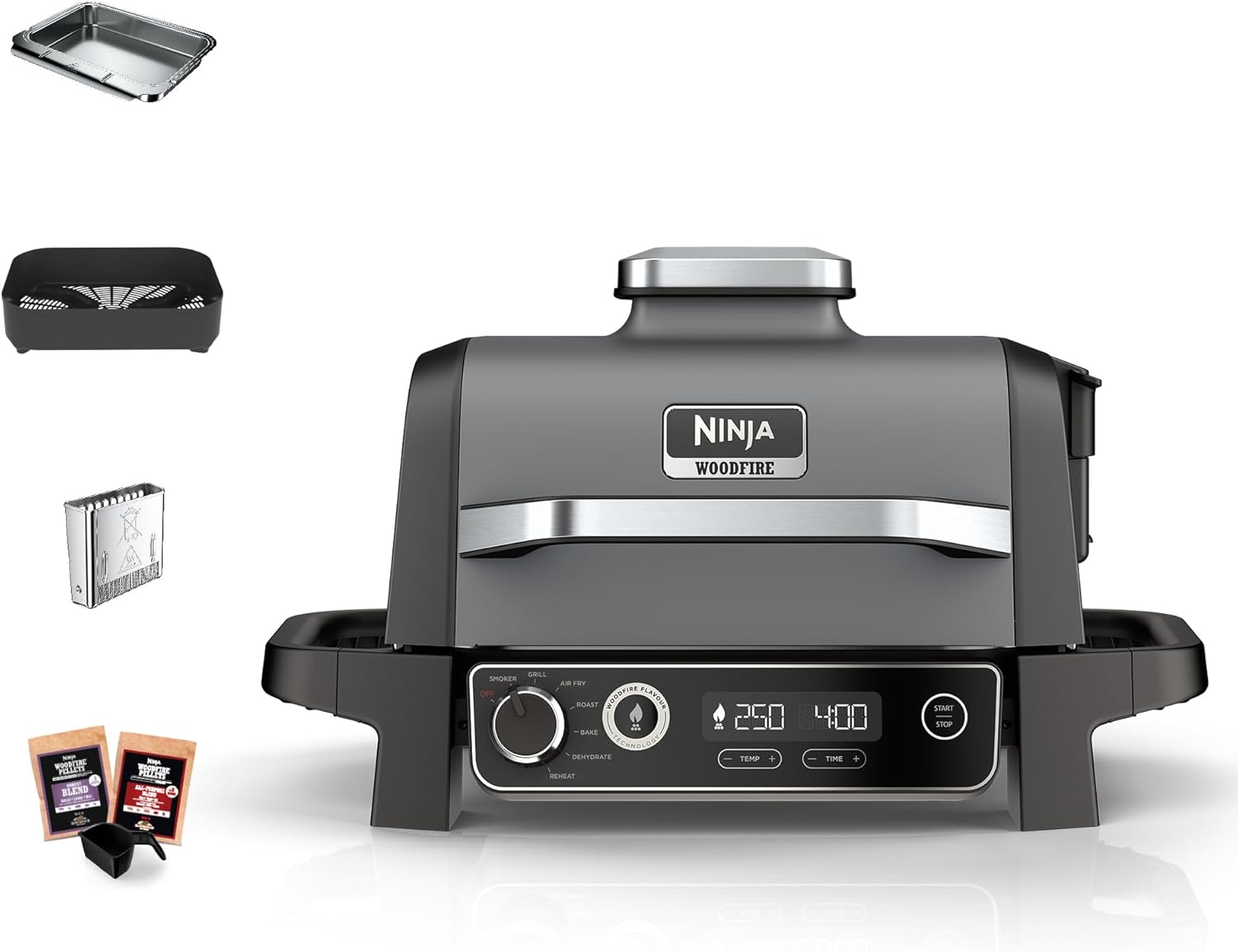 Ninja Woodfire elektrische grill, grill, rookoven en airfryer, 7-in-1 buitenbarbecue, grillen, airfryer, roken, braden, oven, weerbestendig, antiaanbaklaag, draagbaar, grijs/zwart OG701EU 