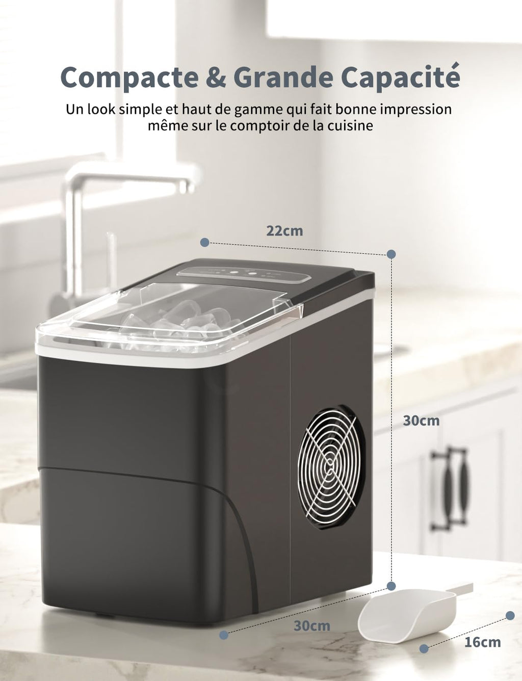 Machine à glaçons Produit 12 kg de glace en 24 heures Produit 9 glaçons en 6 à 8 minutes Livré avec une pelle à glace réversible et une poignée de transport