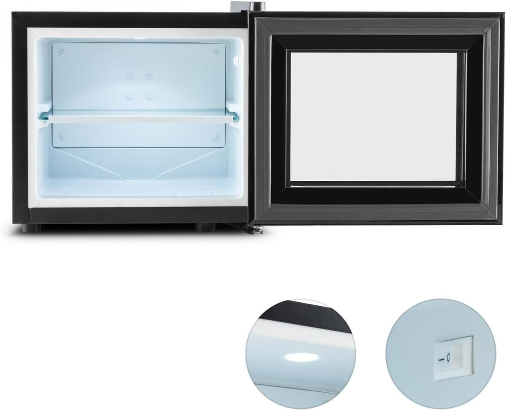 KLARSTEIN Frosty - Mini-réfrigérateur, Capacité de 10 litres, Compact, Eclairage intérieur LED blanc, 12 et 18 °C, Clayette en verre, Elégante porte, Nettoyage facile, Noir