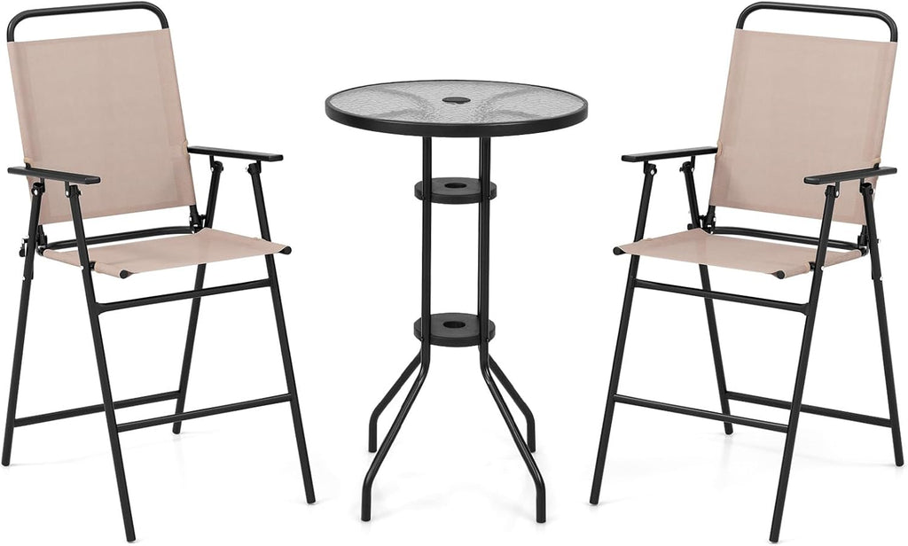 Ensemble bistrot KOMFOTTEU, salon de jardin avec parasol, table avec trou pour parasol, 2 chaises pliantes, ensemble table et chaises de patio, mobilier d'extérieur pour balcon