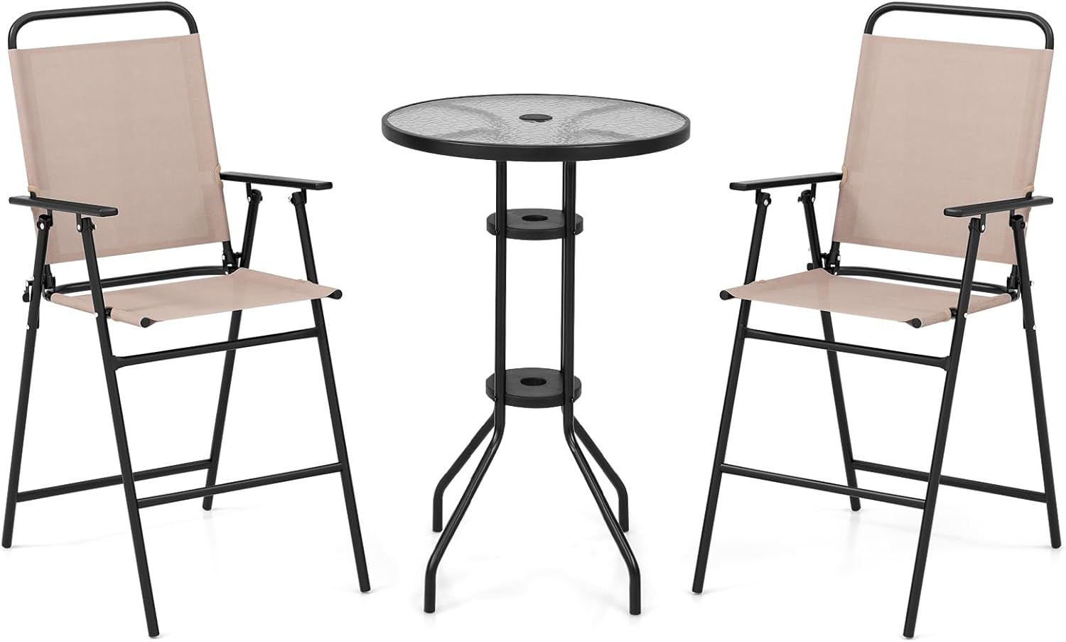 Ensemble bistrot KOMFOTTEU, salon de jardin avec parasol, table avec trou pour parasol, 2 chaises pliantes, ensemble table et chaises de patio, mobilier d'extérieur pour balcon