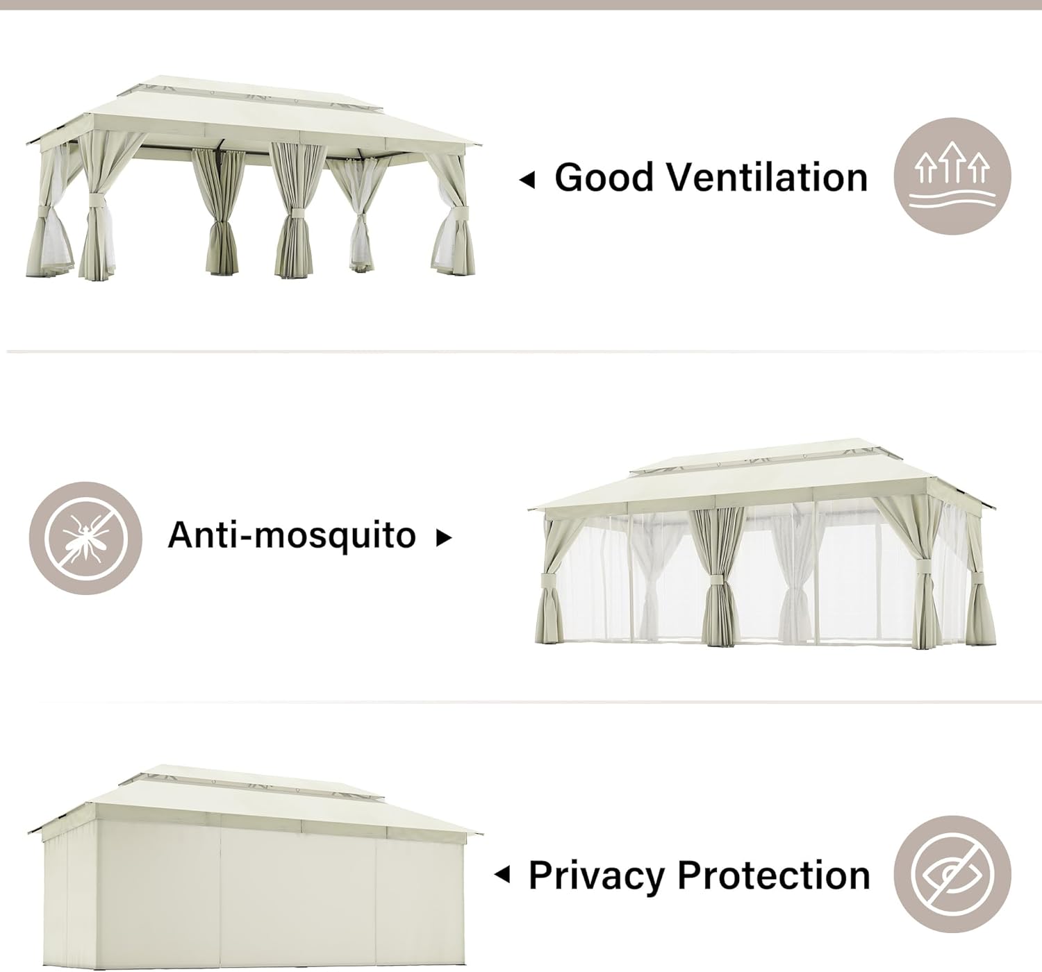 Tente pavillon d'extérieur améliorée à double toit, auvent imperméable UV50+ avec filet et crochets