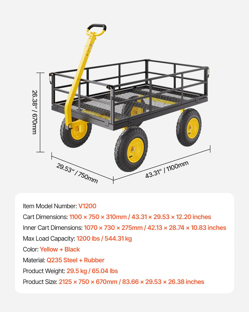 VEVOR Tuintransportwagen, draagvermogen 900 lb (ca. 408 kg), robuuste metalen transportwagen voor buiten met 254 mm banden, verstelbare en afneembare gaaswanden, 180° draaibare handgreep, geelzwart 